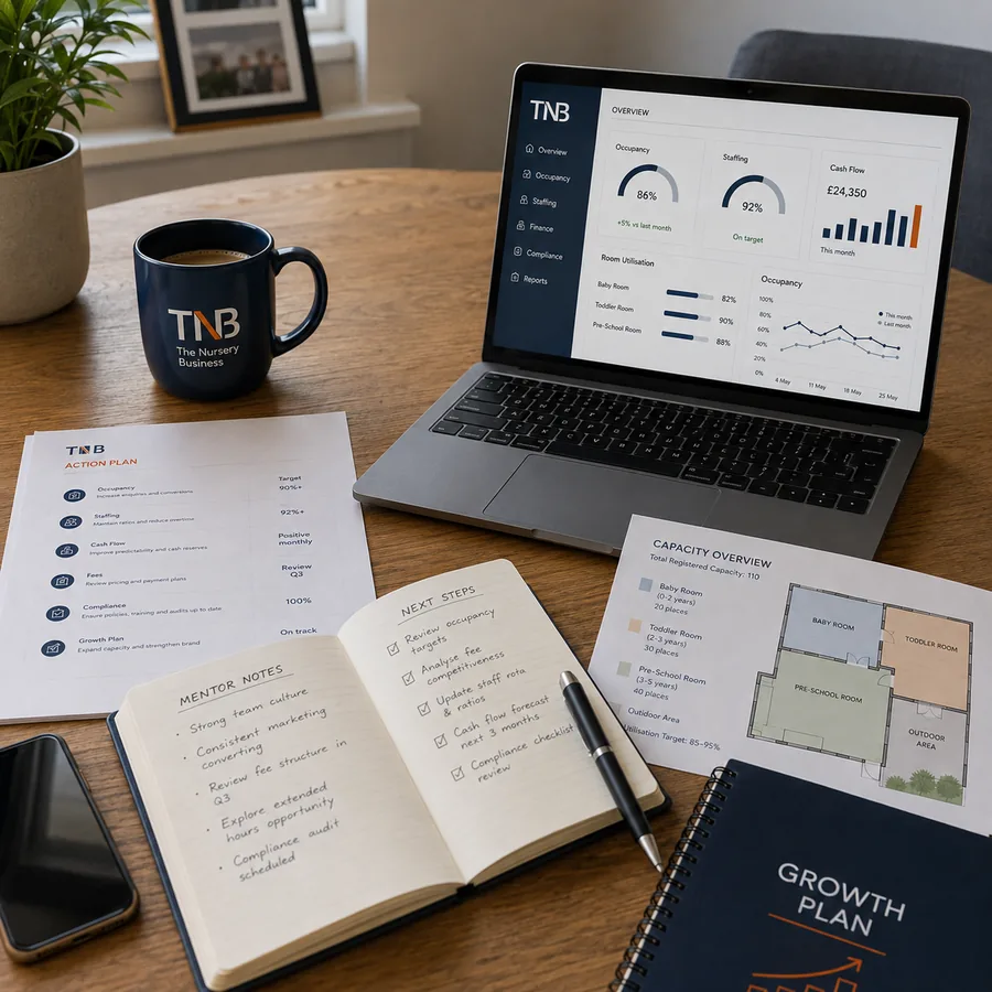 Nursery business dashboard, notebook and working papers