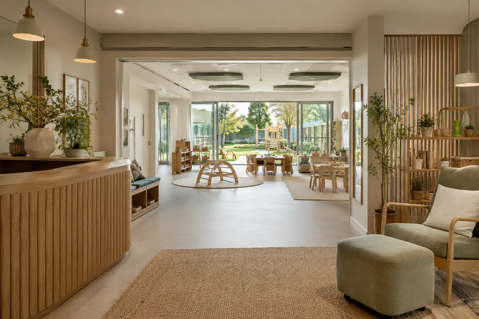 Bright nursery room opening onto an outdoor play area